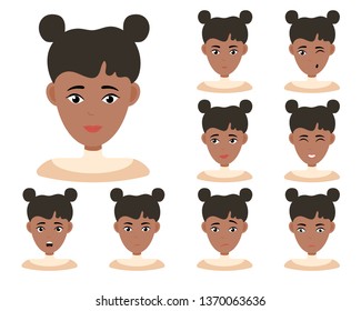 Face expressions of African American woman with dark hair. Different female emotions set. Attractive cartoon character. Vector illustration isolated on white background