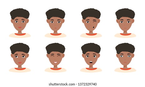 Face expressions of African American woman with dark hair. Different female emotions set. Attractive cartoon character. Vector illustration isolated on white background