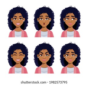 Face expressions of African American woman. Different female emotions set. Beautiful lady cartoon character. Usable for avatar, emoticon etc. Vector illustration