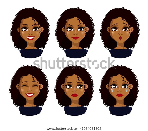 黒髪のアフリカ系アメリカ人女性の顔の表情 女性の感情が違う 魅力的な漫画のキャラクター 白い背景にベクターイラスト のベクター画像素材 ロイヤリティフリー