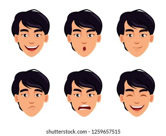 Face Expressions Of Asian Man. Different Male Emotions Set. Handsome Cartoon Character. Vector Illustration On White Background.