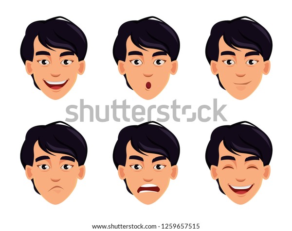 アジア人男性の顔つき 男の感情が違う ハンサムな漫画のキャラクター 白い背景にベクターイラスト のベクター画像素材 ロイヤリティフリー