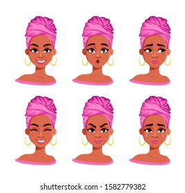 Face expressions of beautiful African American woman. Different female emotions set. Cute lady cartoon character. Vector illustration isolated on white background.