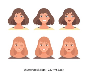 Face expressions of beautiful girls set. Female characters with different emotions cartoon vector illustration