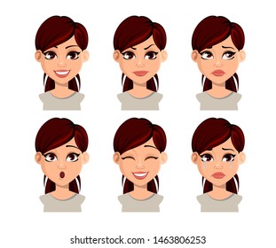 Face expressions of beautiful woman with brown hair. Set of various female emotions. Cartoon character, avatar. Vector illustration isolated on white background.