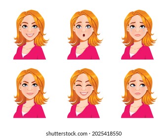 Face expressions of blond woman. Set of six various female emotions