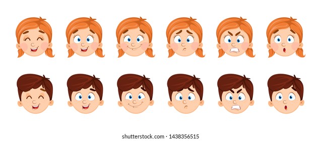 Face Expressions Of Boy And Girl. Set Of Emotions Of Children. Vector Illustration On White Background