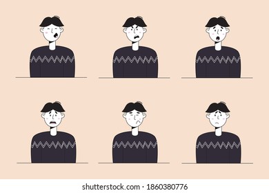 Face expressions of boy. Set of emotions. Cute cartoon character. Vector illustration of a flat design