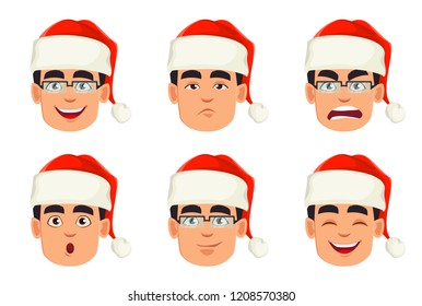 Face expressions of business man cartoon character in Santa Claus hat. Vector illustration on white background