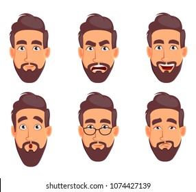 Face expressions of business man. Different male emotions set. Handsome cartoon character. Vector illustration isolated on white background.