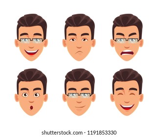 Face expressions of business man. Different male emotions set. Handsome cartoon character. Vector illustration isolated on white background.