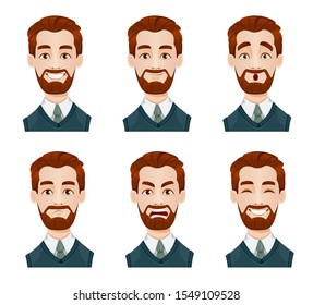 Face expressions of business man. Different male emotions set. Handsome cartoon character. Vector illustration isolated on white background.