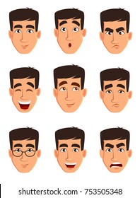 Face expressions of a business man. Different male emotions set. Handsome cartoon character. Vector illustration isolated on white background.