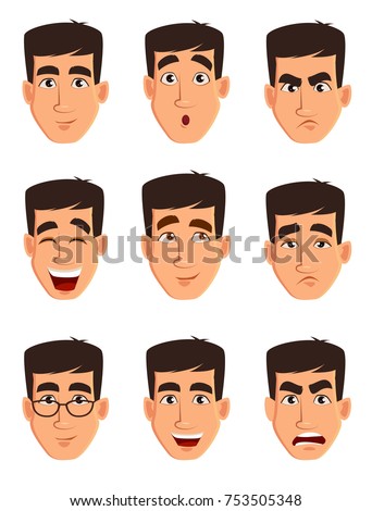 Face expressions of a business man. Different male emotions set. Handsome cartoon character. Vector illustration isolated on white background.