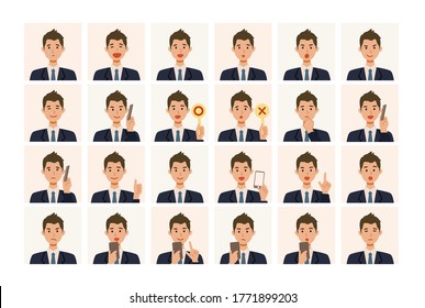 Face expressions of a businessman in suits. Different male emotions and poses set.  Isolated vector illustration icons set in flat style. 