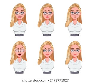 Face expressions of businesswoman. Different female emotions, set.