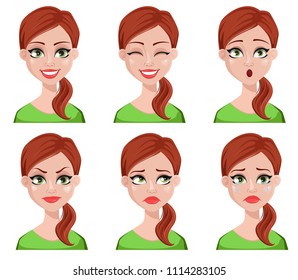 Face expressions of cleaner woman with brown hair. Different female emotions set. Beautiful cartoon character. Vector illustration isolated on white background.