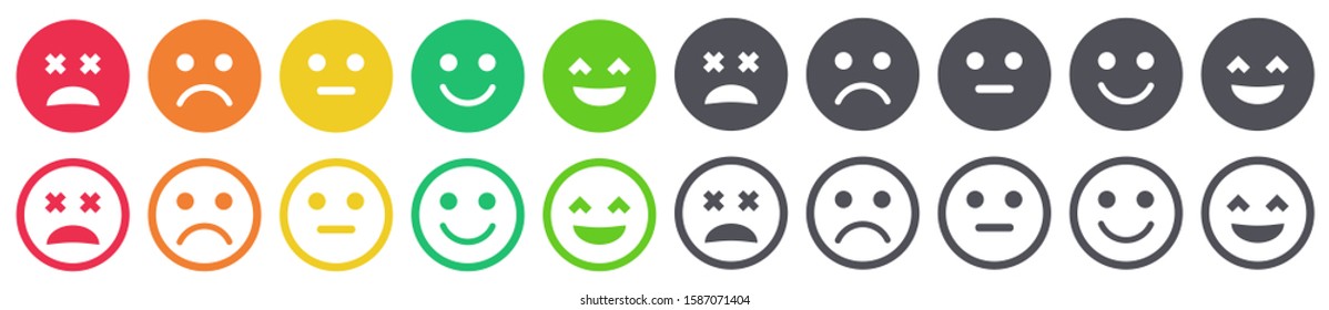 Face expressions colorful icon set vector illustration. Positive, neutral, negative rating icons with mood. Yellow, orange, green, red, grey color outline buttons for customer feedback survey concept.