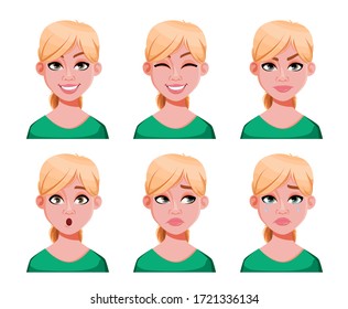 Face expressions of cute blonde doctor woman. Different female emotions, set of six poses. Beautiful lady cartoon character. Vector illustration isolated on white background.