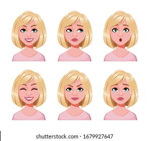 Face expressions of cute blonde woman. Different female emotions set. Beautiful lady cartoon character. Vector illustration isolated on white background.