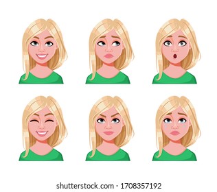 Face expressions of cute blonde woman. Different female emotions, set of six poses. Beautiful lady cartoon character. Vector illustration isolated on white background.