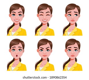 Face Expressions Of Cute Woman In Yellow Blouse. Different Female Emotions Set. Beautiful Cartoon Character. Vector Illustration Isolated On White Background.