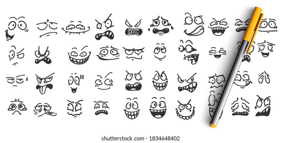 Face expressions doodle set. Collection of pencil ink hand drawn sketches templates patterns of funny happy and upset faces emoticons on white background. Positive and negative emoji illustration.