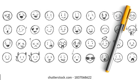 Face Expressions Doodle Set. Collection Of Pencil Ink Hand Drawn Sketches Templates Patterns Of Funny Happy And Upset Faces Emoticons. Positive And Negative Social Media Emoji Illustration.