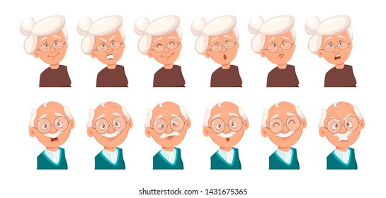Face expressions of grandfather and grandmother. Set of emotions of old man and woman. Vector illustration on white background