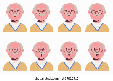 Face expressions of grandfather. Set of old male emotional characters. Avatars with neutral, surprise, joy, shock, sad and anger emotions. Cartoon style vector illustration isolated on white backgroun
