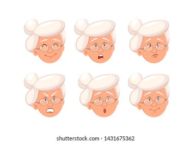 Face expressions of grandmother. Set of emotions of old woman. Vector illustration on white background