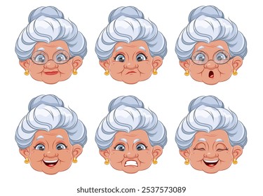 Face expressions of grandmother. Set of emotions of old woman