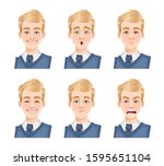 Face expressions of handsome man with blonde hair. Different male emotions set. Young guy cartoon character. Vector illustration isolated on white background.
