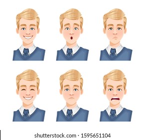 Face expressions of handsome man with blonde hair. Different male emotions set. Young guy cartoon character. Vector illustration isolated on white background.