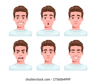 Face Expressions Of Handsome Man Cartoon Character, Set Of Six Emotions. Different Male Emotions Set. Young Guy. Vector Illustration Isolated On White Background.