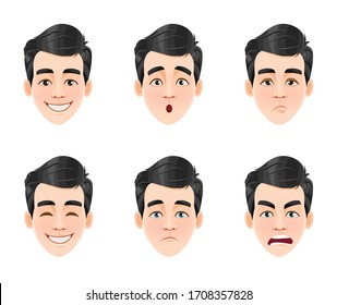 Face expressions of handsome man with dark hair. Six different male emotions, set. Young guy cartoon character. Vector illustration isolated on white background.