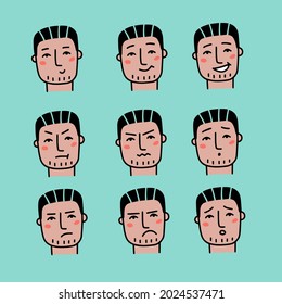 Face expressions of handsome man with dark hair. Nine different male emotions set. Young guy doodle cartoon character. Vector hand drawn illustration isolated on white background.
