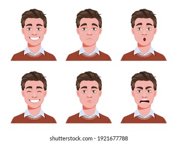 Face Expressions Of Handsome Man. Different Male Emotions Set. Young Guy Cartoon Character. Stock Vector Illustration