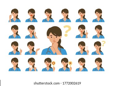 Face expressions of a healthcare professional woman in scrub. Different female emotions and poses set.  Isolated vector illustration icons set in flat style. 