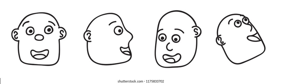 Face expressions icons with “happy” emotions. Emoticon doodles set . Square face, bald.