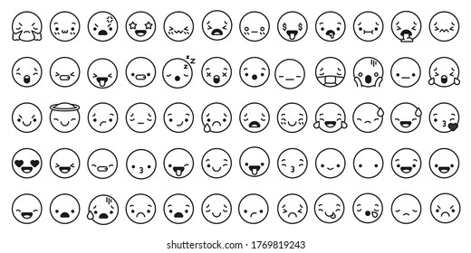 Face Expressions Icons. Line Kawaii Face Expression Japanese Anime Character. Emotion Smile, Kiss And Cry, Angry Vector Chat Linear Set. Face Cartoon Character, Expression Smile Cheerful Illustration