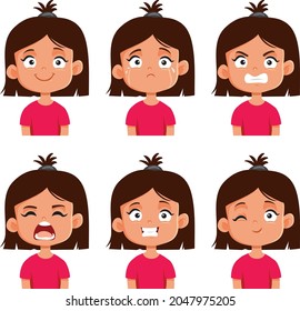 Face Expressions of a Little Toddler Girl Vector Cartoon. Funny young female character making faces being expressive
