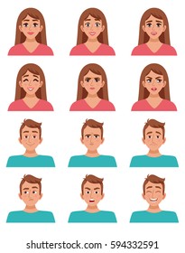 Face expressions male and female characters set with cartoon woman and man images with different facial expressions vector illustration