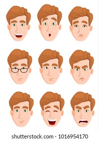 Face expressions of a man with blond hair. Different male emotions set. Attractive cartoon character. Vector illustration isolated on white background.