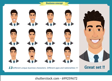 Face expressions of a man.Different male emotions set.Flat cartoon character. Young businessman in a suit  and tie.Face, elements for design work.Isolated vector on white.Set of avatars and icons
