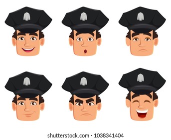 Face expressions of police officer, policeman. Set of different emotions. Handsome cartoon character cop. Vector illustration isolated on white background.
