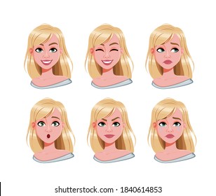 Expresiones faciales de una mujer rubia. Diferentes emociones femeninas se ponen en escena. Hermoso personaje de dibujos animados de una mujer. Ilustración vectorial aislada en fondo blanco.