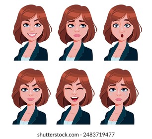 Face expressions of pretty woman with brown hair. Different female emotions set. 