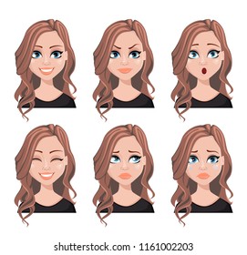 Face Expressions Of Realtor Woman With Brown Hair. Different Female Emotions Set. Beautiful Cartoon Character. Vector Illustration Isolated On White Background.