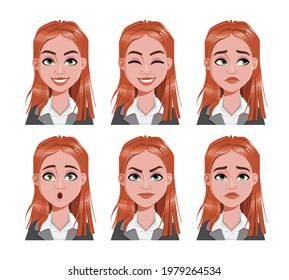 Face expressions of redhead business woman. Different female emotions set. Beautiful cartoon character. Vector illustration usable for avatar, emoticon etc.